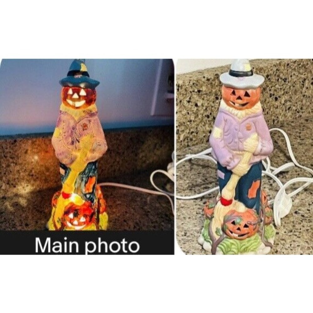Vintage 1 Halloween Light Up Jack-O-Lantern Porcelain Scarecrow By Jen Zong